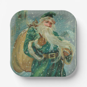Christmas Greetings-Retro Santa Claus Postcard Paper Plates