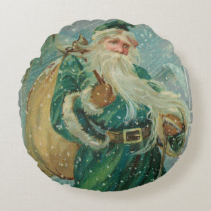 Christmas Greetings-Retro Santa Claus Postcard Round Pillow