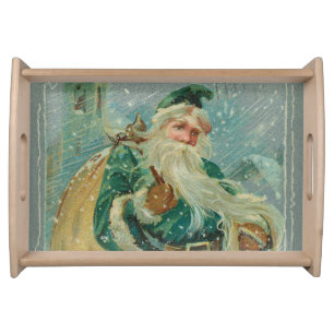 Christmas Greetings-Retro Santa Claus Postcard Serving Tray
