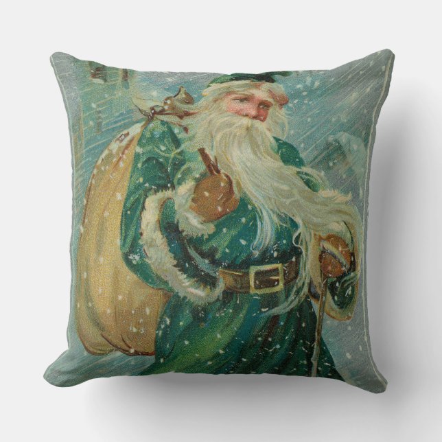 Christmas Greetings-Retro Santa Claus Postcard Throw Pillow (Front)