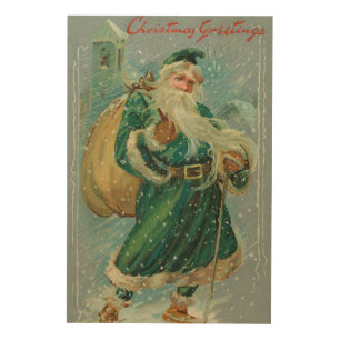Christmas Greetings-Retro Santa Claus Postcard Wood Wall Art