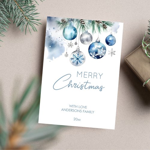 Christmas greetings silver blue baubles holiday card