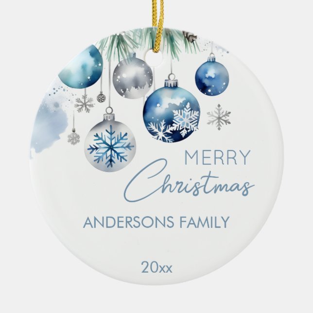 Christmas greetings silver blue baubles photo ceramic ornament (Front)