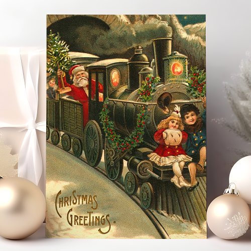 Christmas Greetings Train Vintage Holiday Postcard