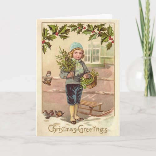 Christmas Greetings Victorian Boy Old World Holiday Card