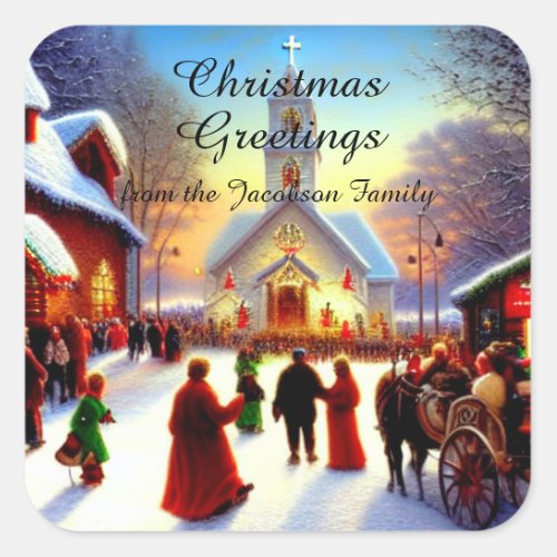 Christmas Greetings Villagers Go To Church Kitsch Square Sticker