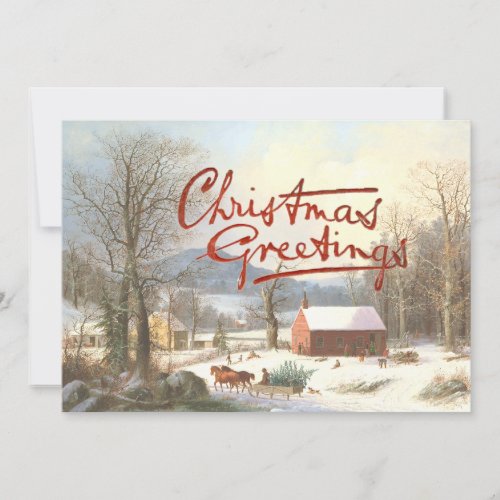 Christmas Greetings Vintage Village Scene Snow  Holiday Card