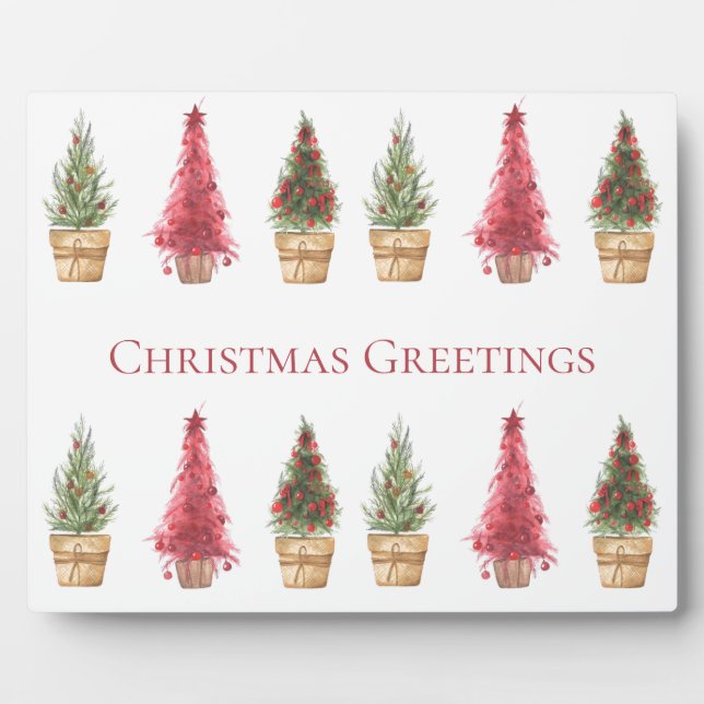 Christmas Greetings Watercolor Christmas Trees Plaque (Front)