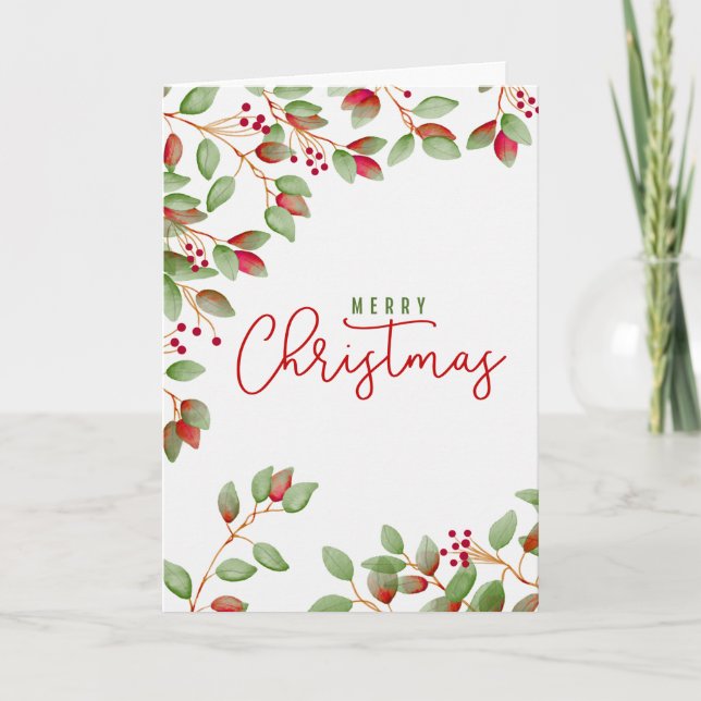 Christmas Greetings with Holly Leaves Holiday Card (Front)