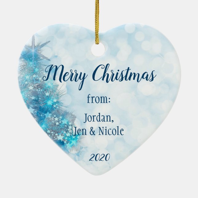 Christmas Greetings with Your Photo Blue Tree Ceramic Ornament (Back)