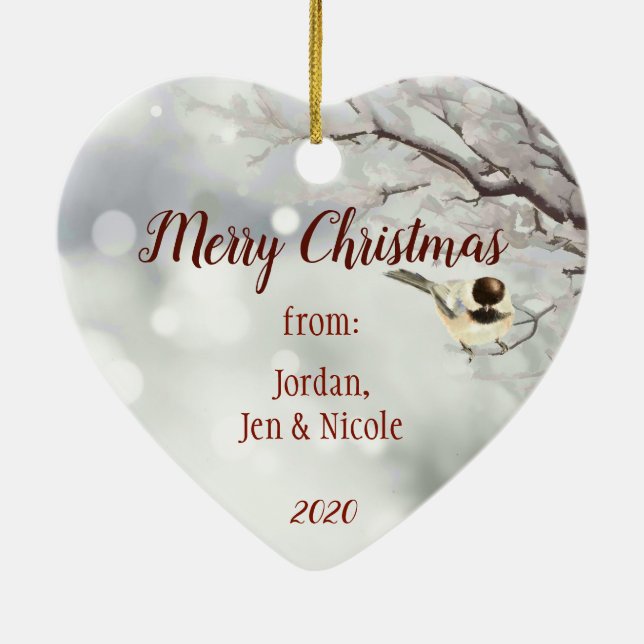 Christmas Greetings with Your Photo Chickadee Ceramic Ornament (Back)