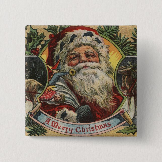 Christmas GreetingSanta and Reindeer Pinback Button (Front)