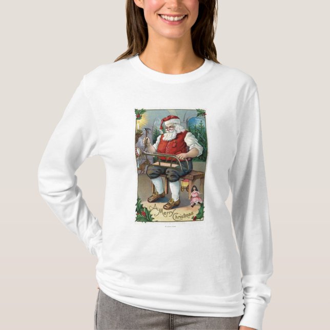 Christmas GreetingSanta Building Sled T-Shirt (Front)