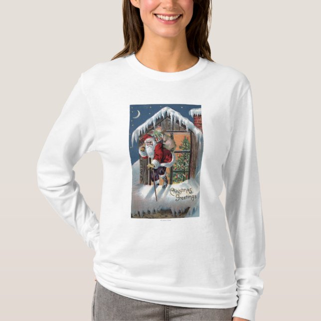 Christmas GreetingSanta Climbing Out Window T-Shirt (Front)