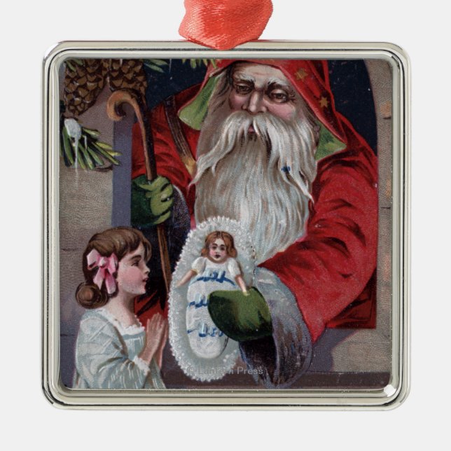 Christmas GreetingSanta Giving Doll Metal Ornament (Front)