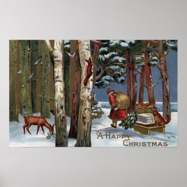 Christmas GreetingSanta Through Forest Poster (Front)