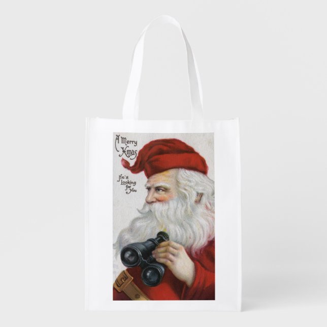 Christmas GreetingSanta with Binoculars Reusable Grocery Bag (Front)