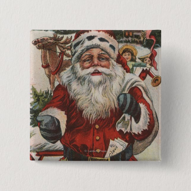 Christmas GreetingSanta with Deer and Kids Button (Front)
