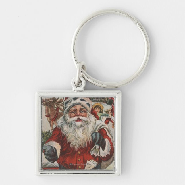 Christmas GreetingSanta with Deer and Kids Keychain (Front)