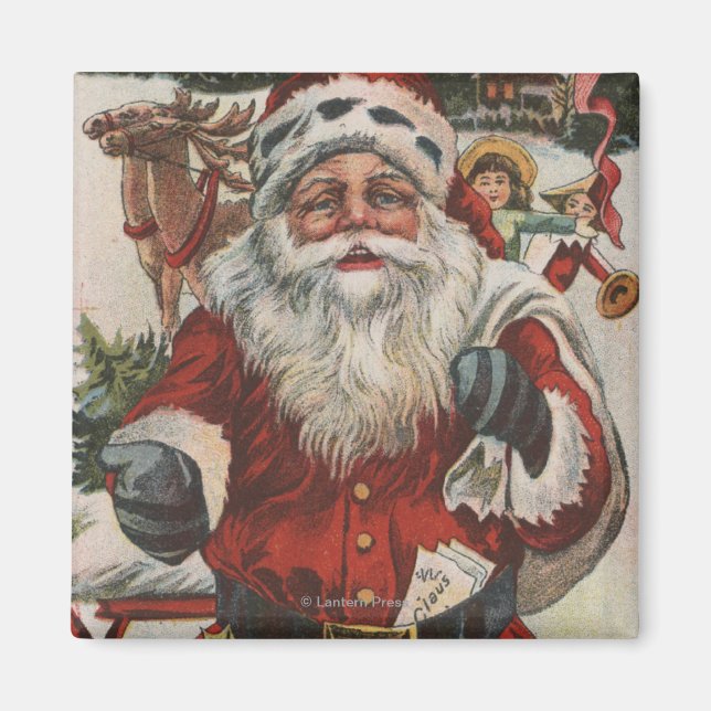 Christmas GreetingSanta with Deer and Kids Magnet (Front)