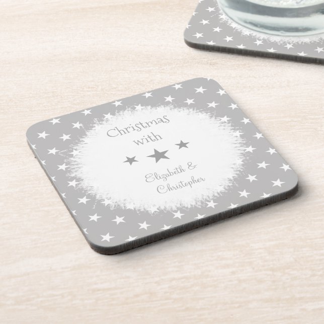 Christmas grey and white with stars and names beverage coaster (Left Side)