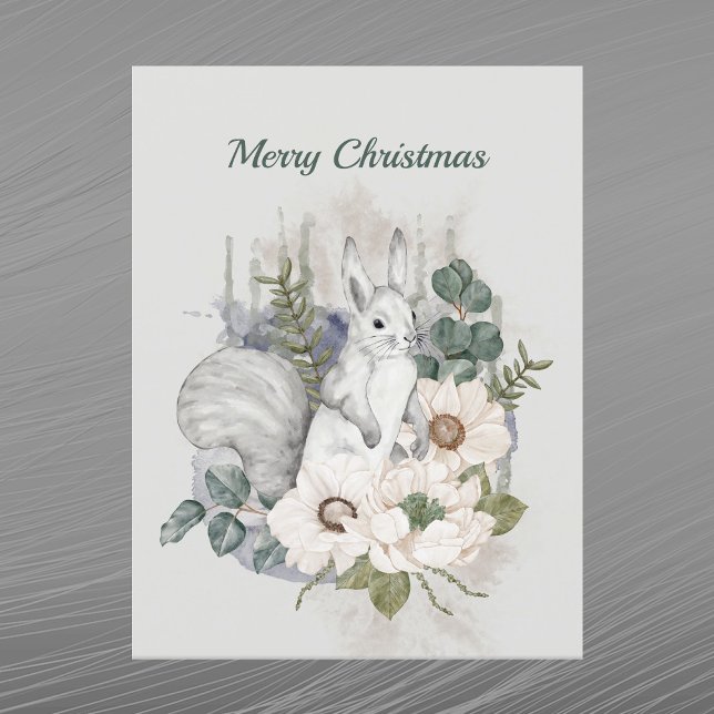 Christmas Grey Squirrel Eucalyptus Watercolor Holiday Postcard (Creator Uploaded)