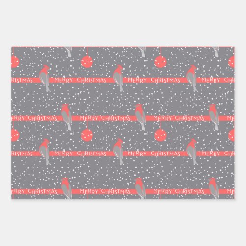 Christmas grey white red birds pines wrapping paper sheets