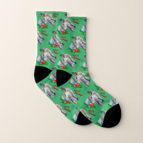 Christmas Greyhound Dog Original Art Feliz Navidad Socks