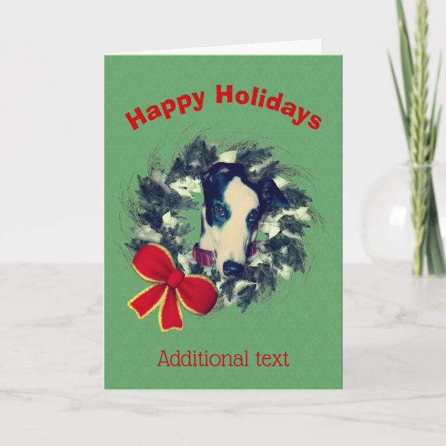 Christmas Greyhound Wreath Bow Holiday Card (Front)
