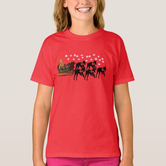 Christmas Greyhounds Pulling Sleigh  T-Shirt (Front)