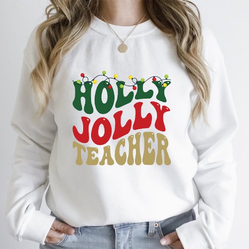 Christmas Groovy Holly Jolly Teacher White T_Shirt