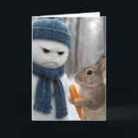 Christmas Grumpy Snowman With a Bunny Card<br><div class="desc">A grumpy snowman wearing a blue hat and scarf stands in a snowy forest as a rabbit holds a carrot beside it,  with snow gently falling around them.
Inside text is editable.</div>