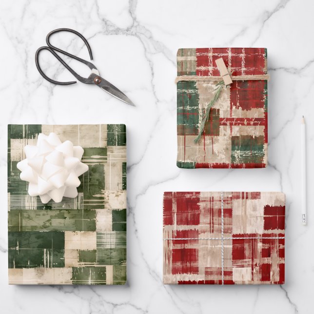 Christmas Grunge Plaid Wrapping Paper Sheets (Front)