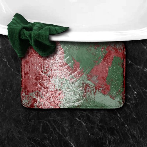 Christmas Grunge  Red Green and White XMas Tree Bath Mat