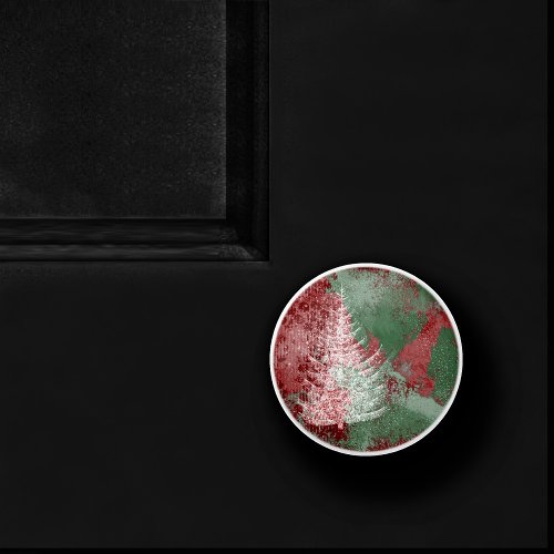 Christmas Grunge  Red Green and White XMas Tree Ceramic Knob