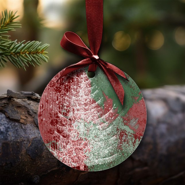 Christmas Grunge | Red Green and White XMas Tree Ceramic Ornament (Creator Uploaded)