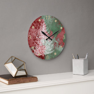Christmas Grunge   Red Green and White XMas Tree Large Clock
