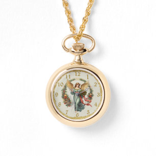 Christmas Guardian Angel Gold Color Necklace Watch