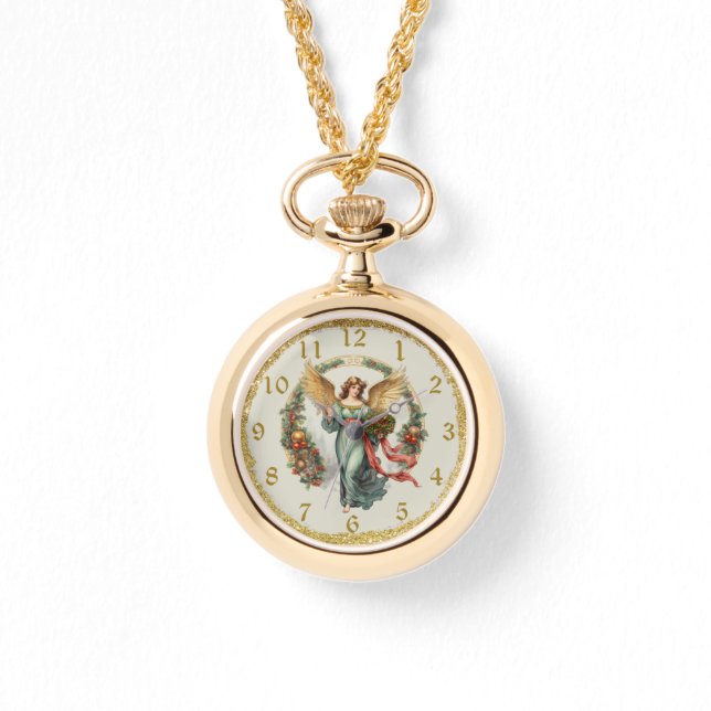 Christmas Guardian Angel Gold Color Necklace Watch (Front)