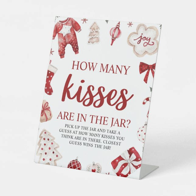 Christmas Guess How Many Kisses Baby Shower Game Pedestal Sign (Front)