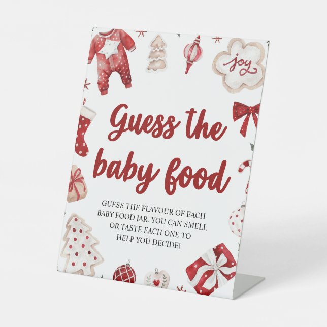 Christmas Guess the Baby Food Baby Shower Game Pedestal Sign (Front)