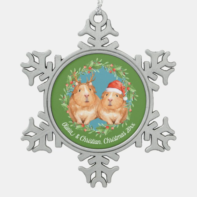 Christmas Guinea Pig Couple Wreath Personalized Snowflake Pewter Christmas Ornament (Front)