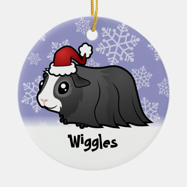 Christmas Guinea Pig (long hair) (add pets name) Ceramic Ornament (Front)