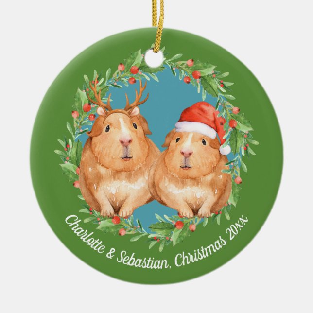 Christmas Guinea Pigs Santa and Reindeer Wreath Ceramic Ornament (Front)