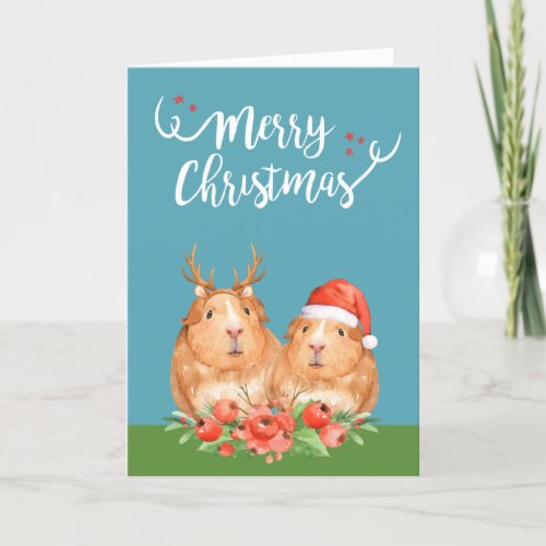 Christmas Guinea Pigs Santa and Reindeer Wreath Holiday Card