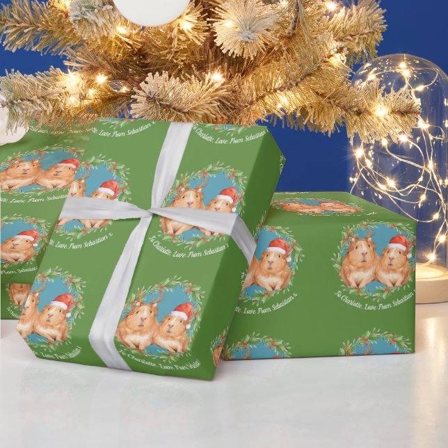 Christmas Guinea Pigs Santa and Reindeer Wreath Wrapping Paper (Holidays)