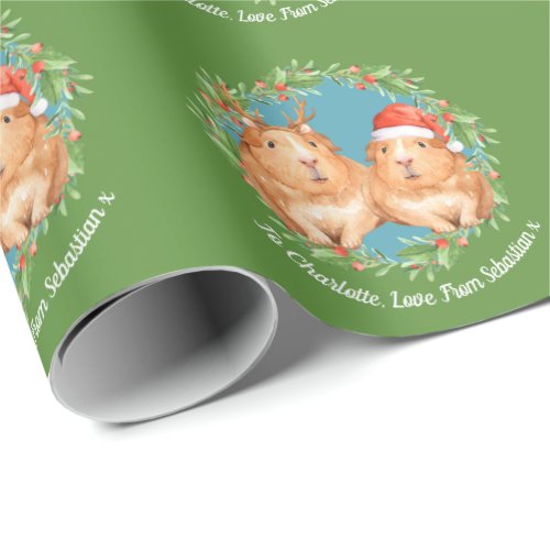 Christmas Guinea Pigs Santa and Reindeer Wreath Wrapping Paper