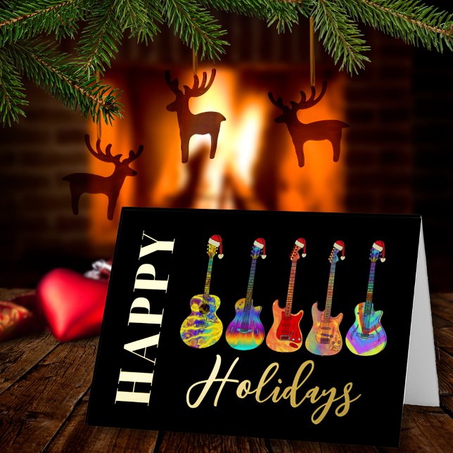 Christmas Guitar Custom Happy Holidays Black Gold Foil Holiday Card (Happy holidays christmas guitars wearing Santa hats black and gold foil personalized greetings card)