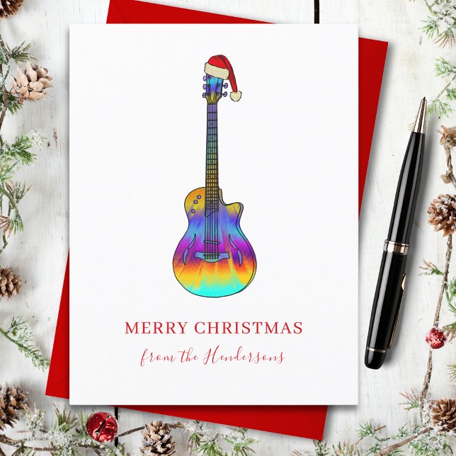 Christmas Guitar Custom Holiday Postcard (Christmas guitar custom holiday greetings card fun colorful electric guitar wearing a santa hat)