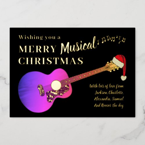 Christmas Guitar Personalized Pink Gold Foil Holiday Card